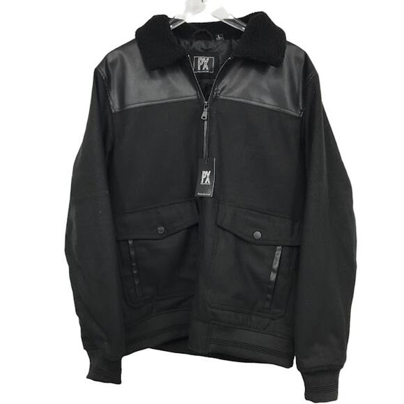 PX Clothing Men's Jacket L Sherpa Collar Faux Leather Trim Zip Up Black NWT